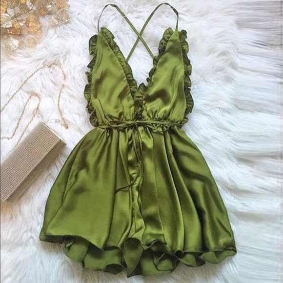 Green and Pink Sexy Satin Backless Romper - Picture 3 of 5